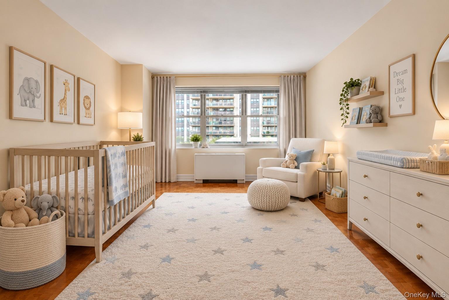 Nursery with a wooden crib, changing dresser, star-patterned rug, and large window overlooking nearby apartment buildings.