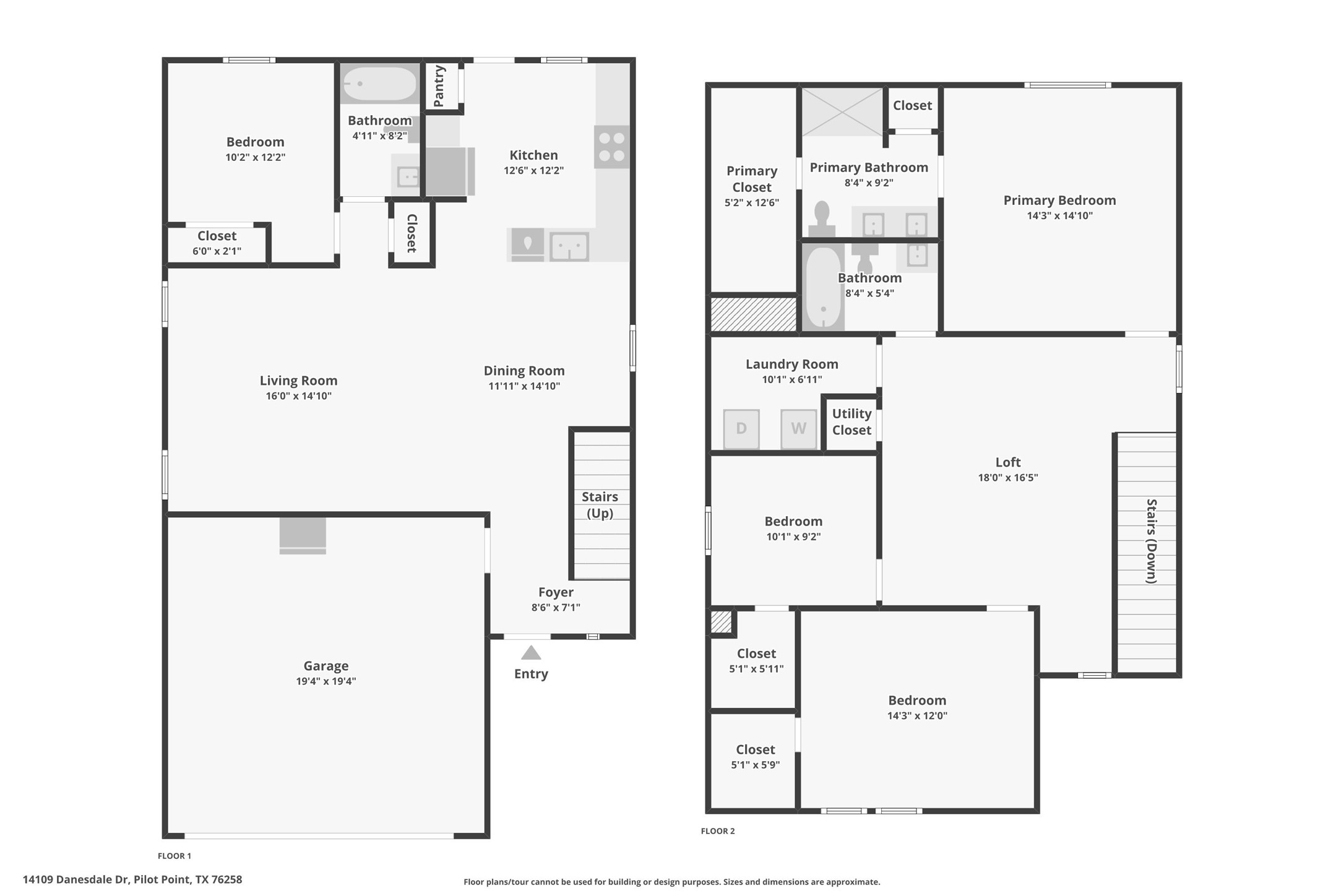Two-story floor plan showing room layouts and approximate dimensions for 14109 Danesdale Drive.