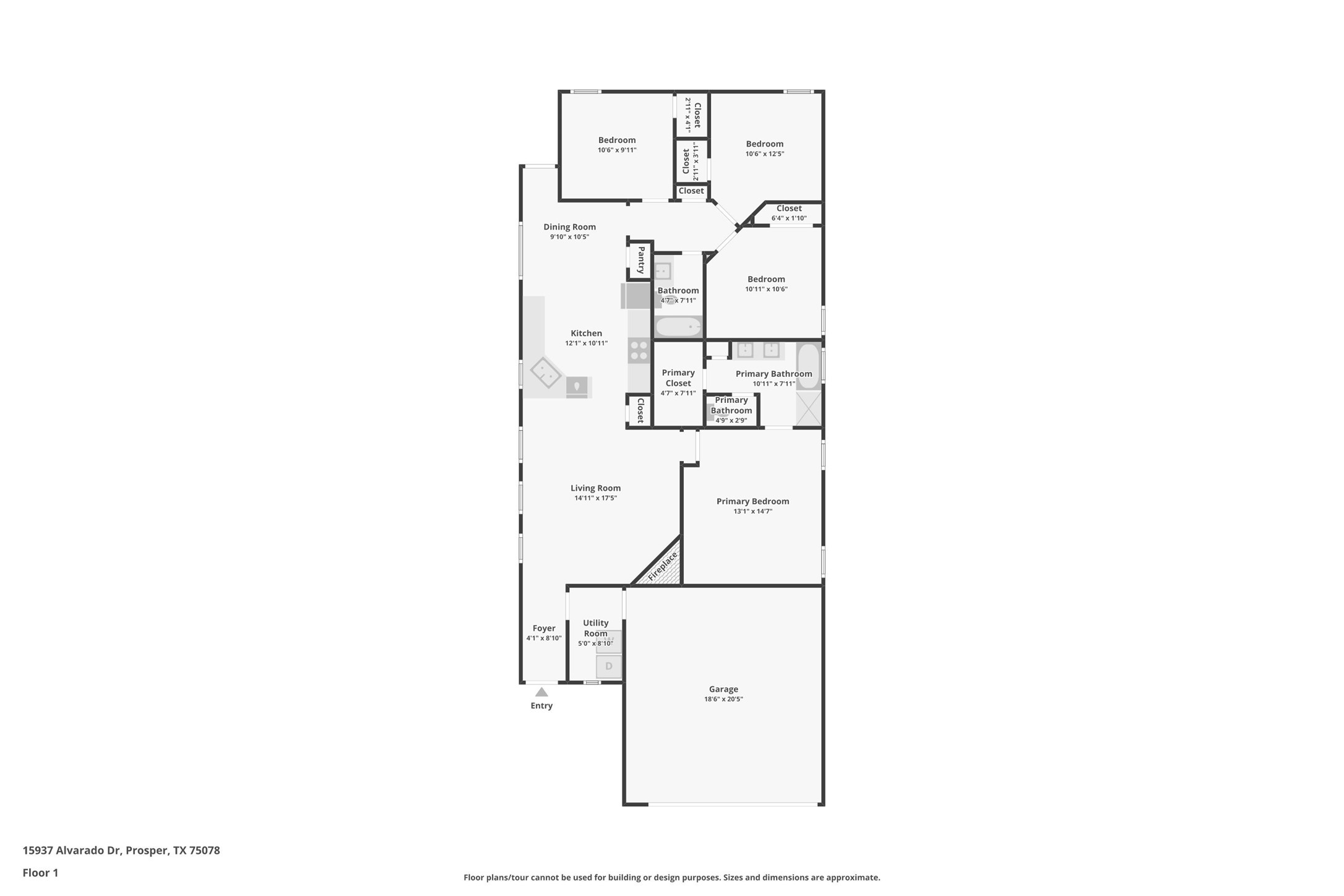 Floor plan of 15937 Alvarado Drive showing four bedrooms, kitchen, living room, bathrooms, and garage.
