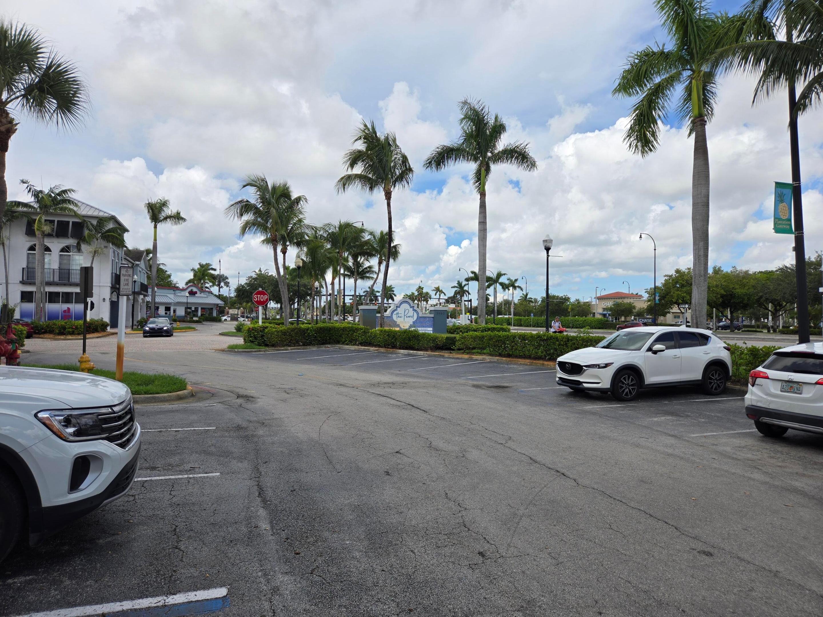 Commercial parking lot lined with palm trees, storefronts, and a Plantation Gateway sign.