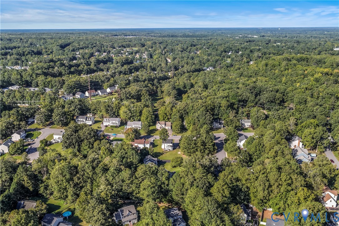 Aerial view of a tree-filled suburban neighborhood with scattered homes and a small swimming pool.