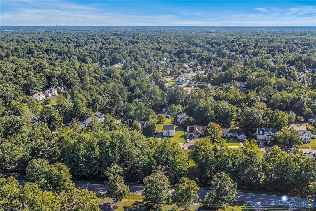 Aerial view of homes among dense trees, with a road in the foreground and wooded horizon beyond.