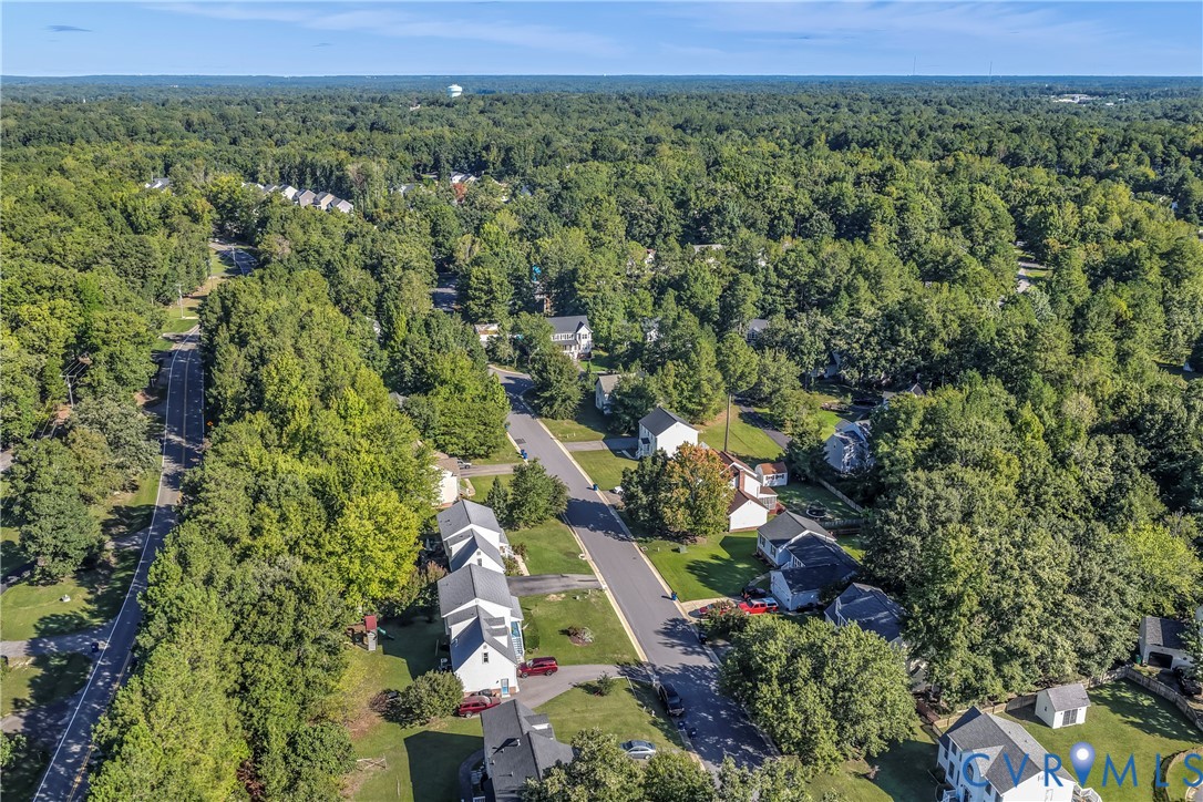 Aerial view of a tree-lined residential street with detached homes and dense woodland.