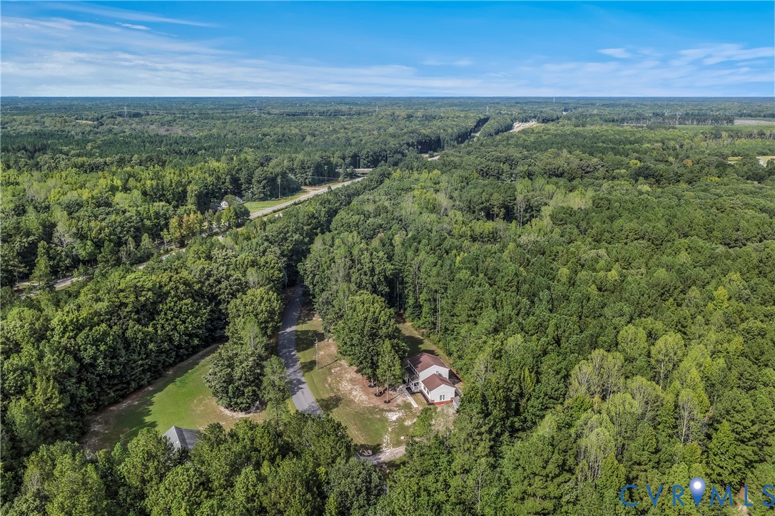 Aerial view of a small house and open lawn surrounded by dense woods, with a winding driveway.