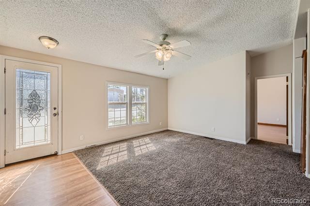 Empty living room with gray carpet, decorative glass entry door, windows, and ceiling fan.