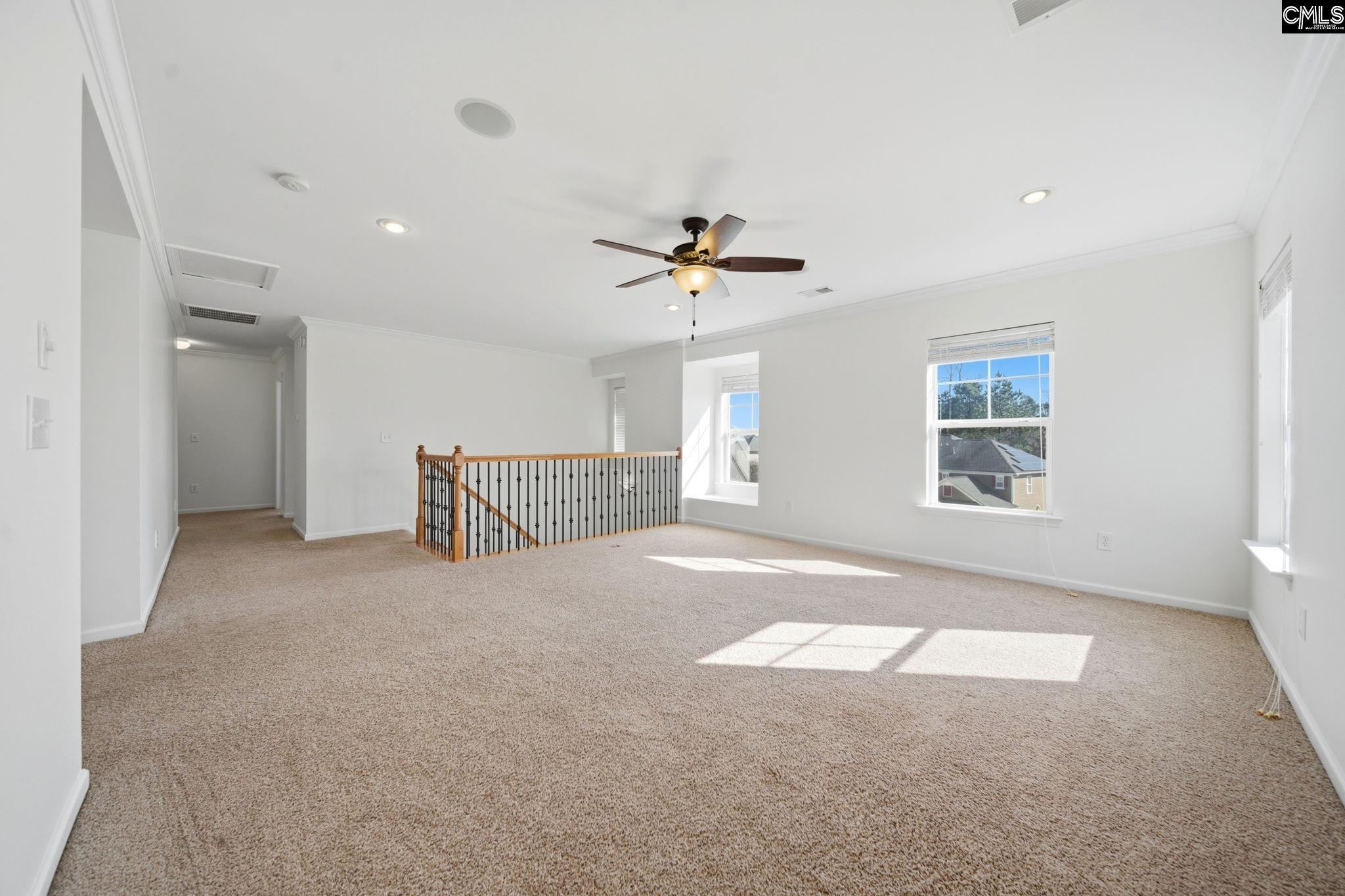 Upstairs carpeted loft with a ceiling fan, sunny windows, and railing around the stair opening.