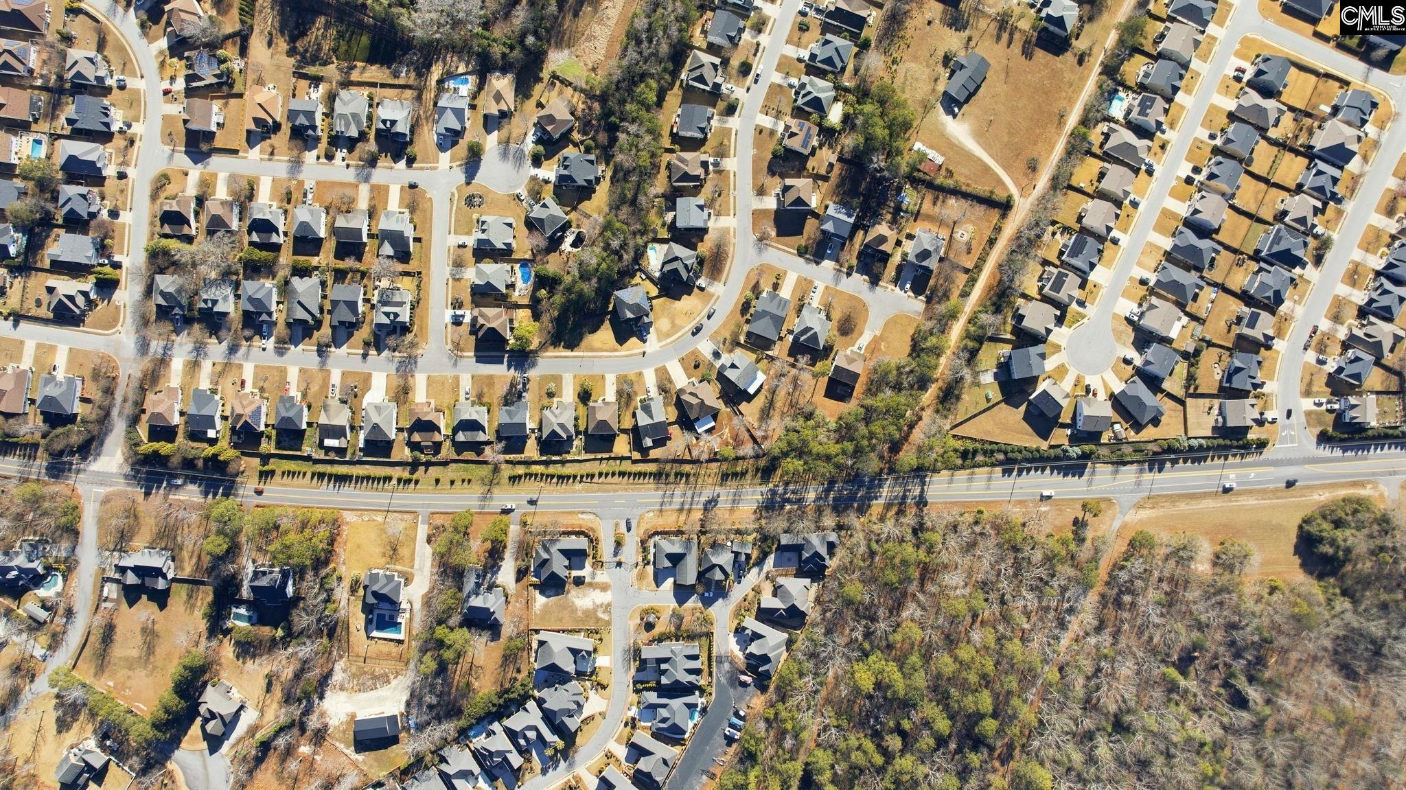 Aerial view of a neighborhood with detached homes, curving streets, and wooded areas.