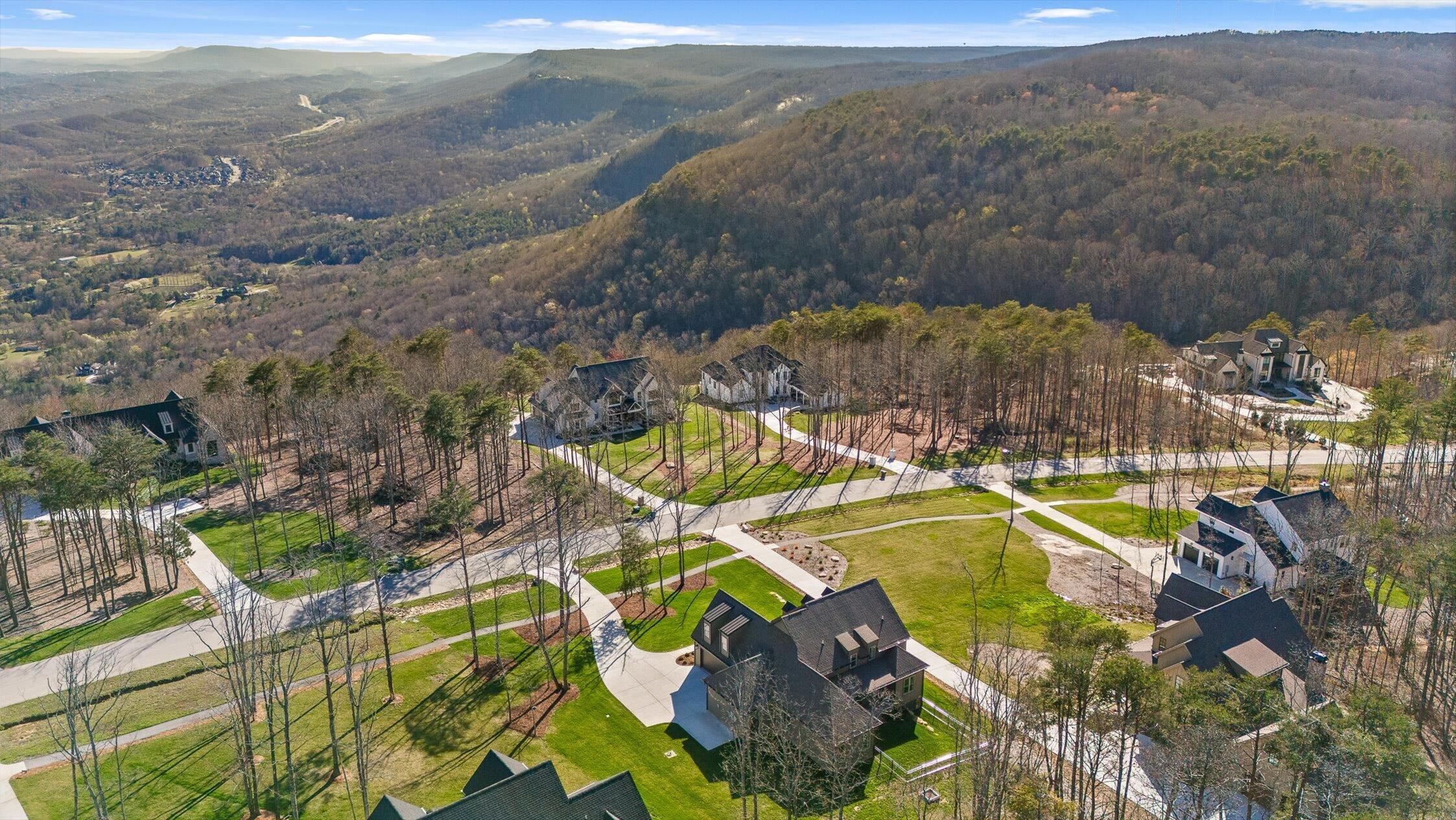 Aerial view of homes along wooded roads, with mountain ridges in the distance.