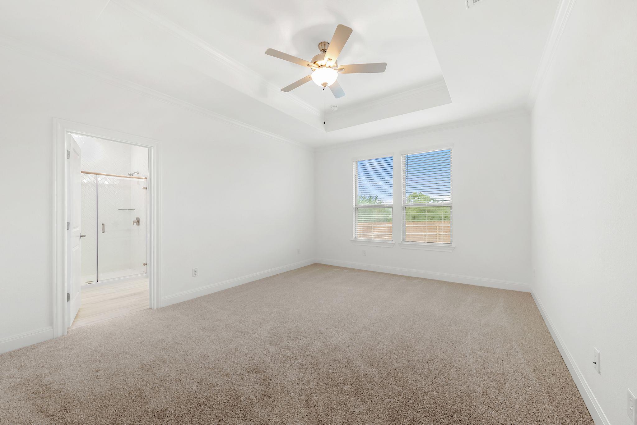 Vacant bedroom with a tray ceiling, ceiling fan, two windows, and an adjoining glass shower.