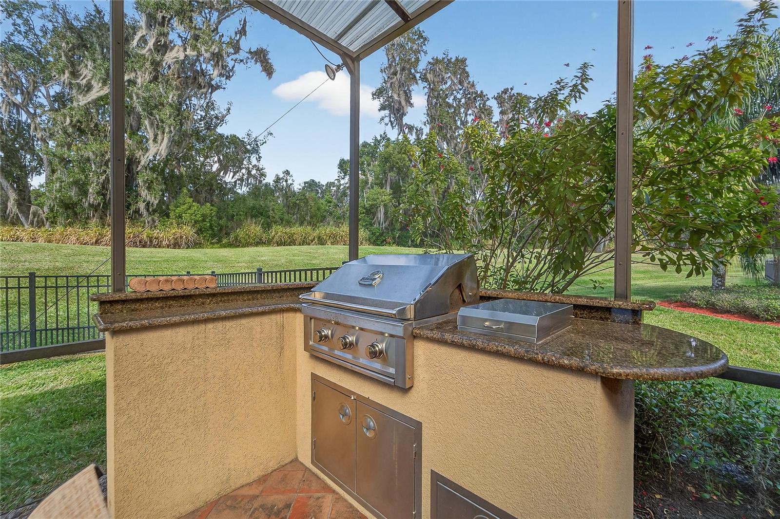 Screened lanai with built-in granite gas grill