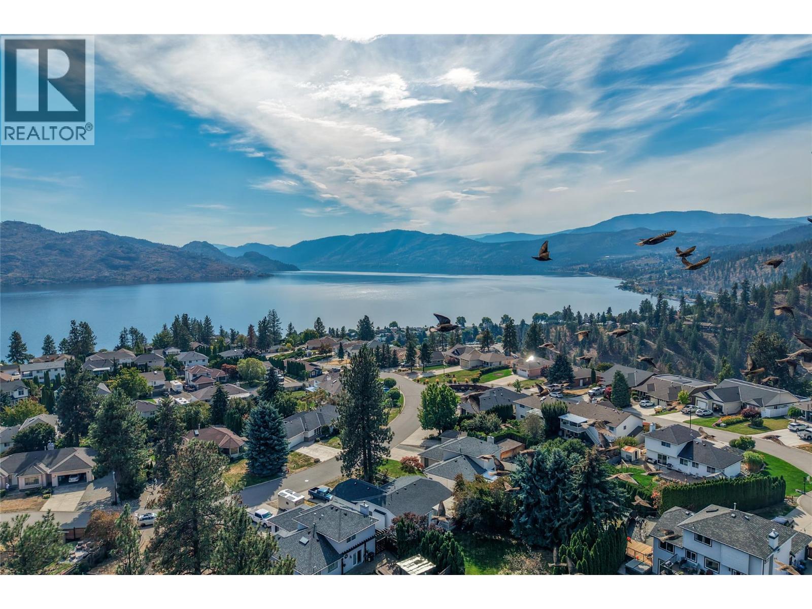 Aerial view of a lakeside neighborhood, with mountains beyond the water and birds flying overhead.