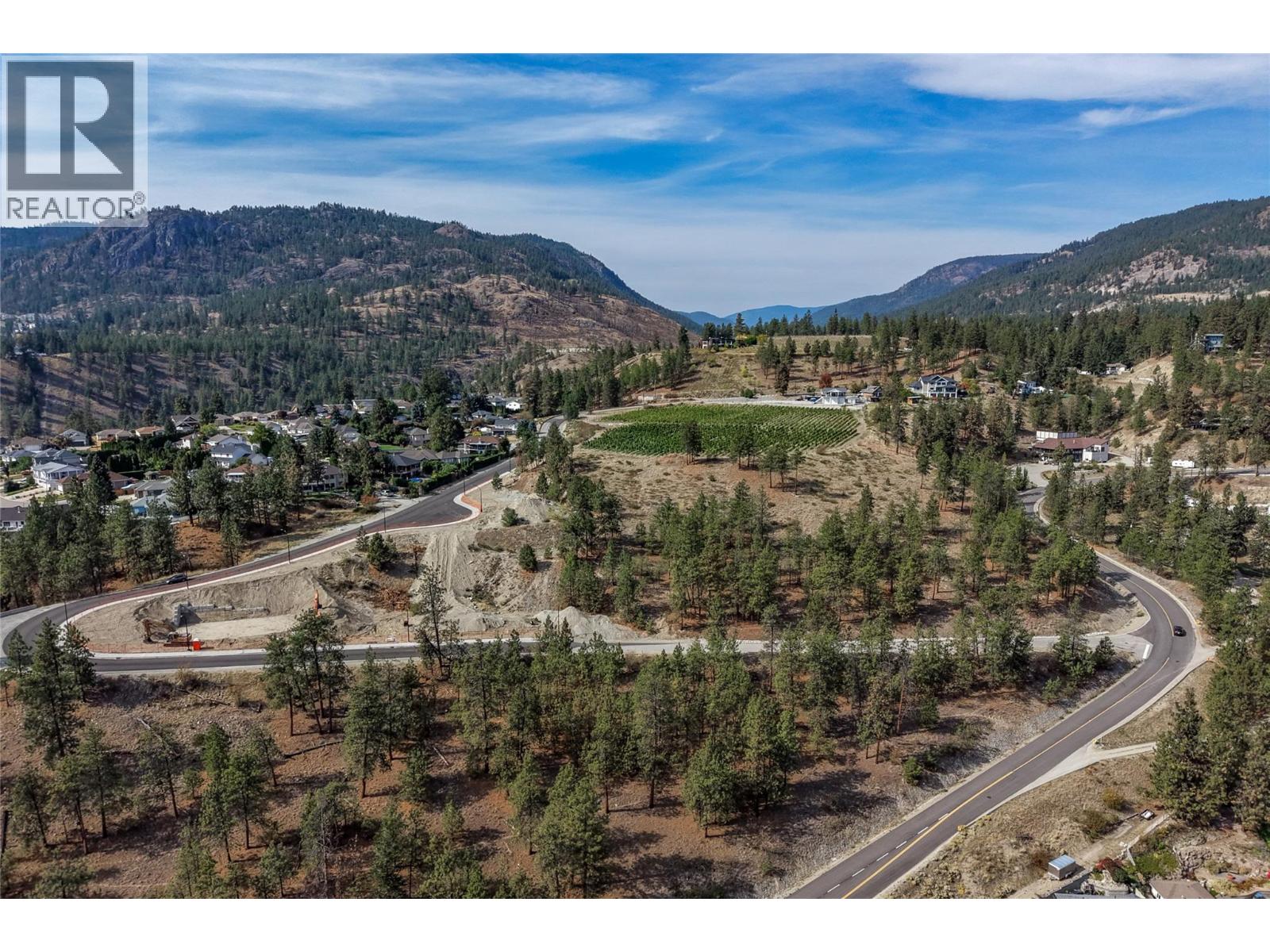 Aerial view of a wooded valley development with winding roads, a vineyard, and surrounding mountains.