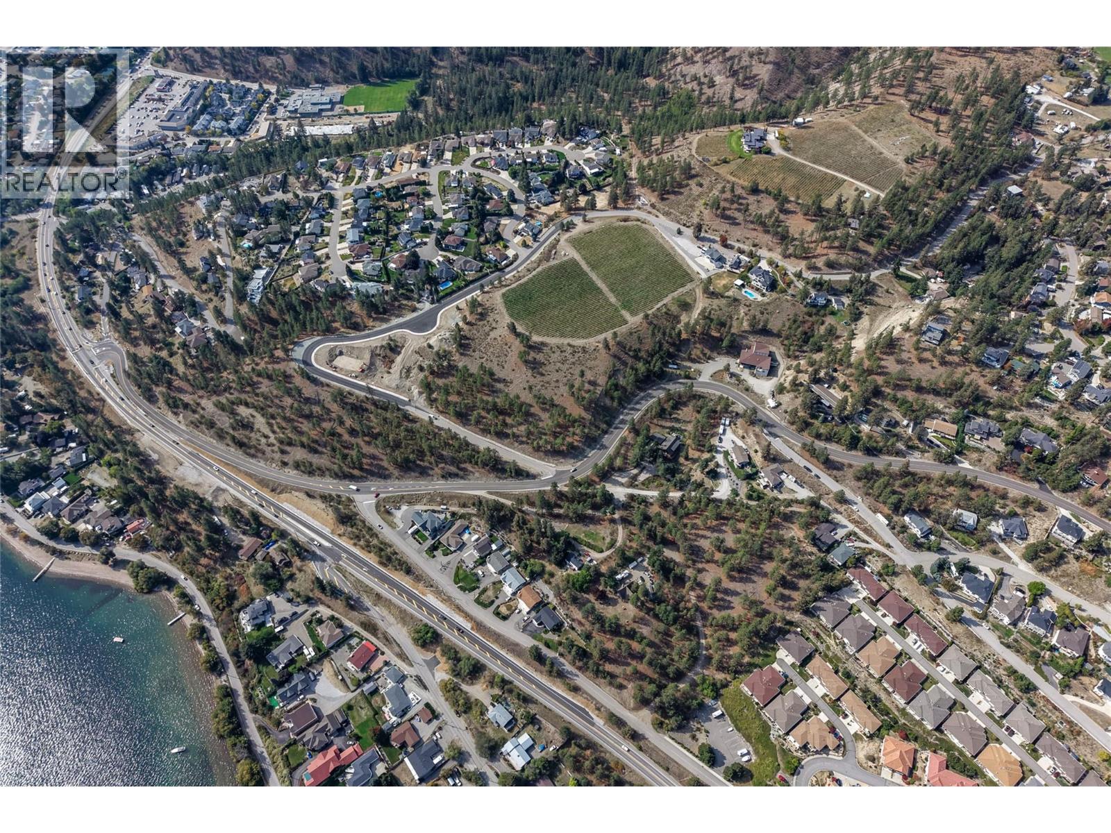 Aerial view of homes, vineyard rows, winding roads, and shoreline along the water.