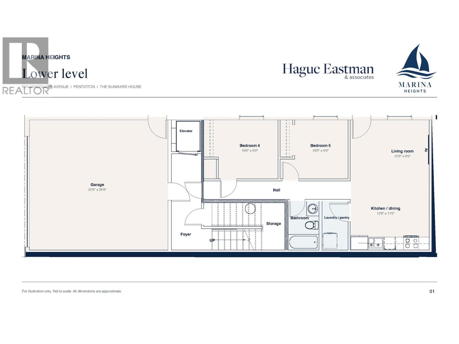 Lower-level floor plan showing a large garage, two bedrooms, living room, kitchen, bathroom, and storage.