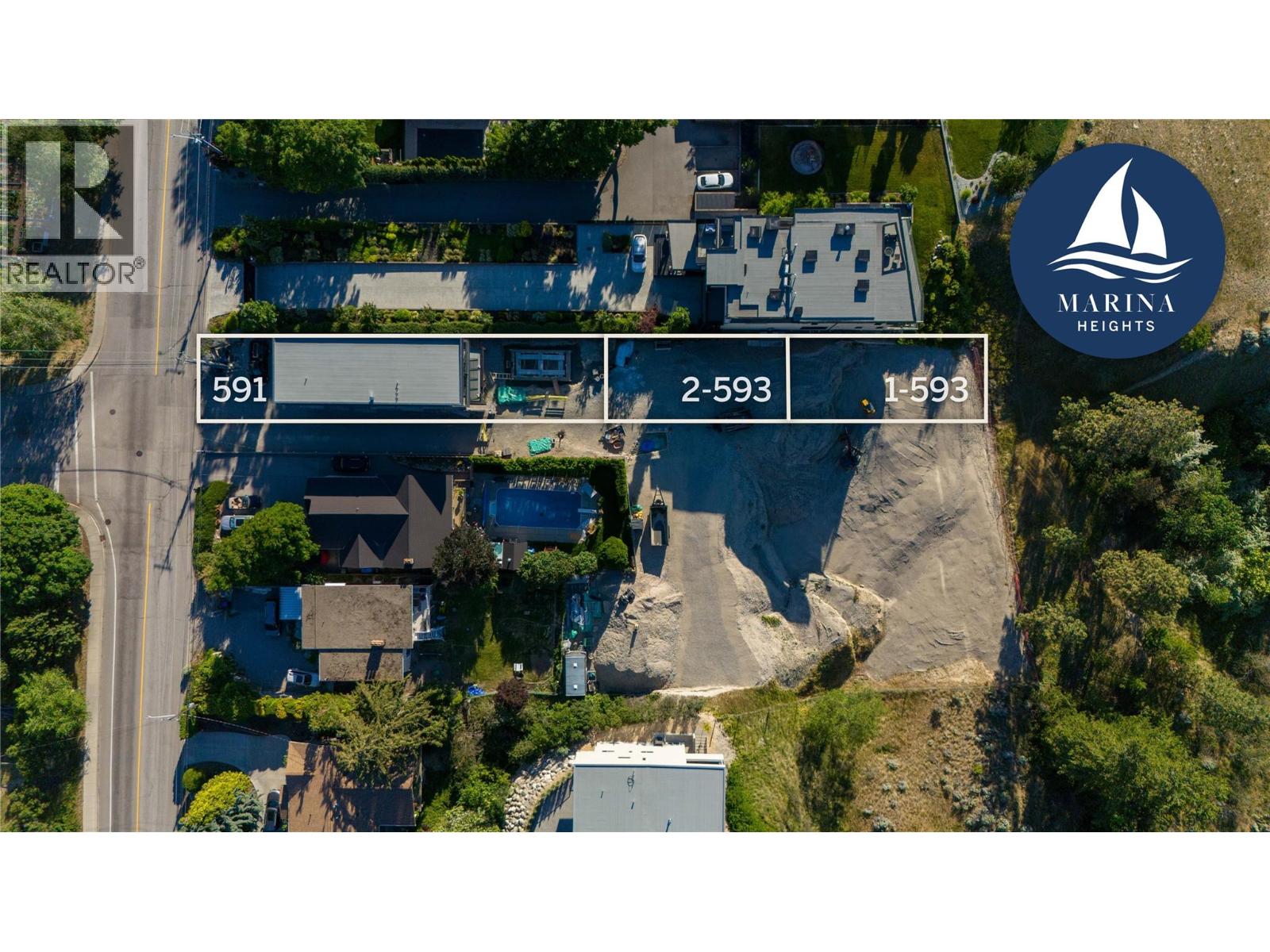Aerial view of 591 Vancouver Avenue, outlined beside two lots at Marina Heights.