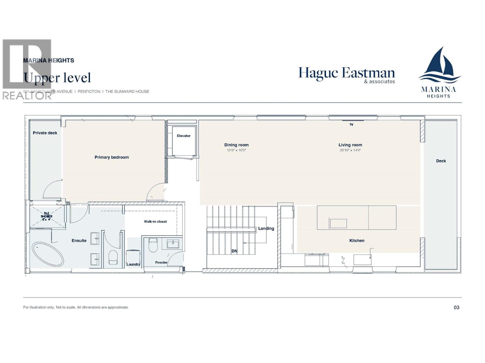 Upper-level floor plan showing a primary bedroom, ensuite, kitchen, living and dining rooms, and two decks.