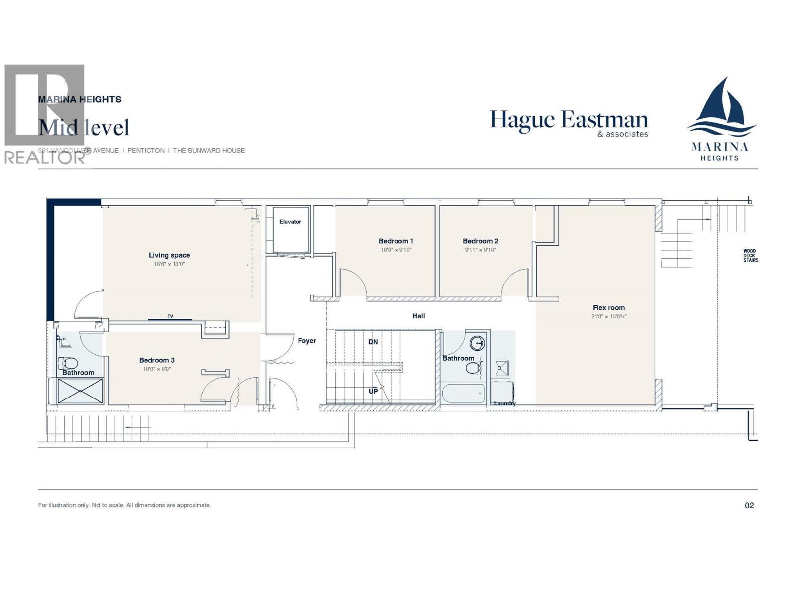 Mid-level floor plan showing a living space, three bedrooms, flex room, two bathrooms, laundry, and elevator.
