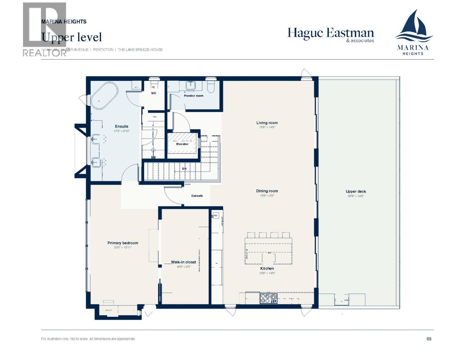 Upper-level floor plan showing a primary bedroom, open living and dining areas, kitchen, and large upper deck.