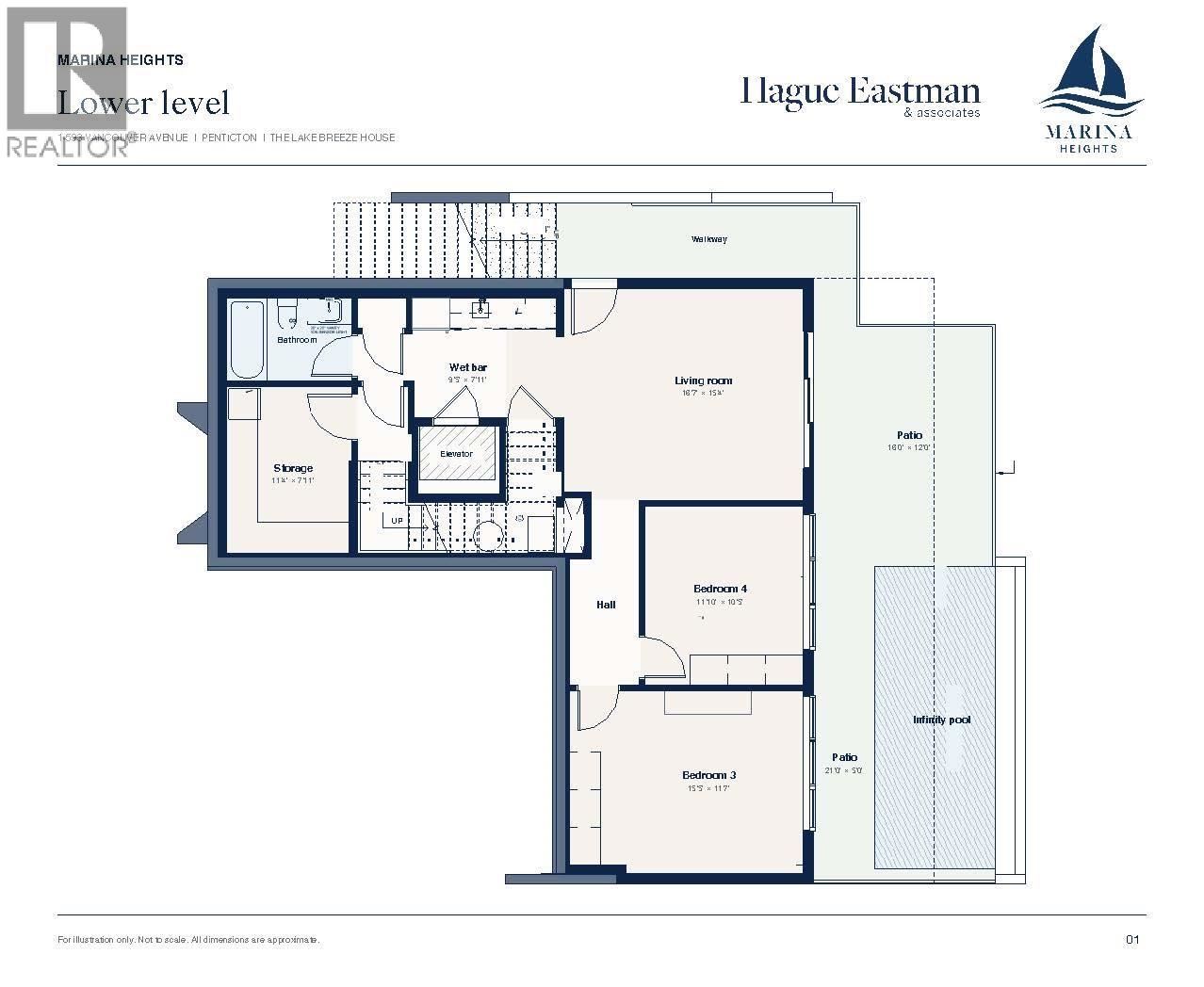 Lower-level floor plan showing two bedrooms, living room, wet bar, patios, and infinity pool.
