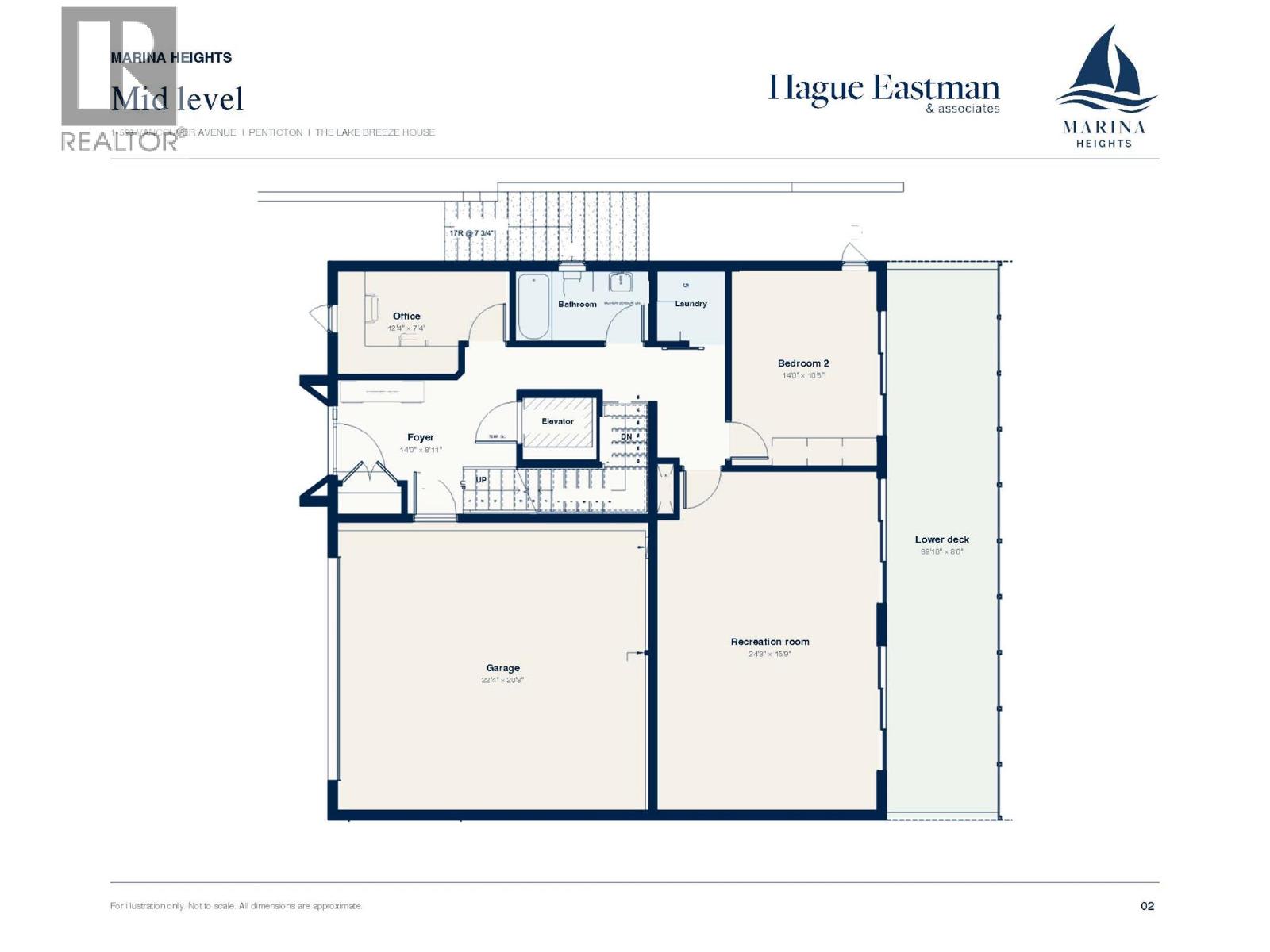 Lower-level floor plan showing a garage, recreation room, bedroom, office, and long lower deck.