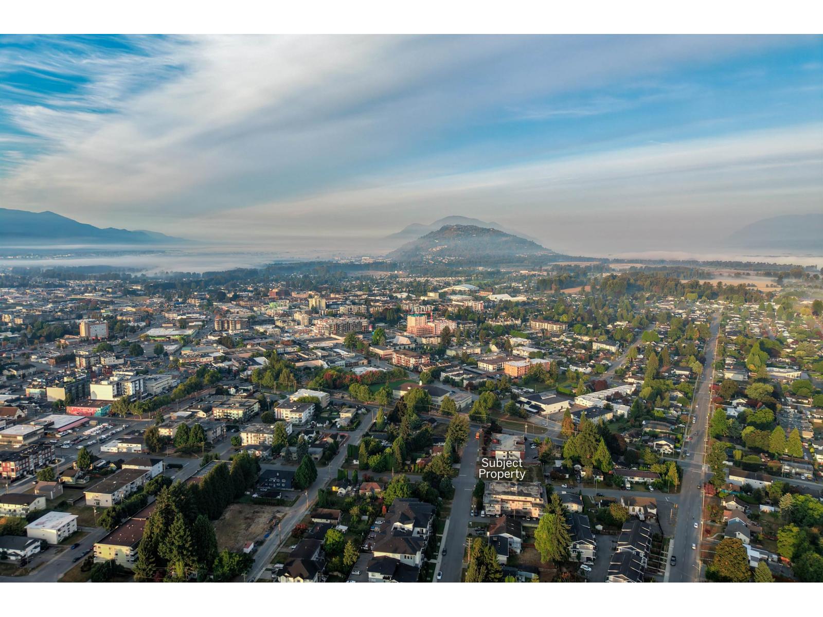 Aerial view of Chilliwack neighborhoods, with a wooded hill and distant mountains.