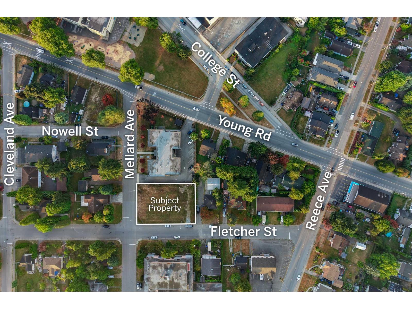 Aerial view of the outlined vacant lot on Mellard Avenue, labeled Subject Property, among surrounding homes and streets.