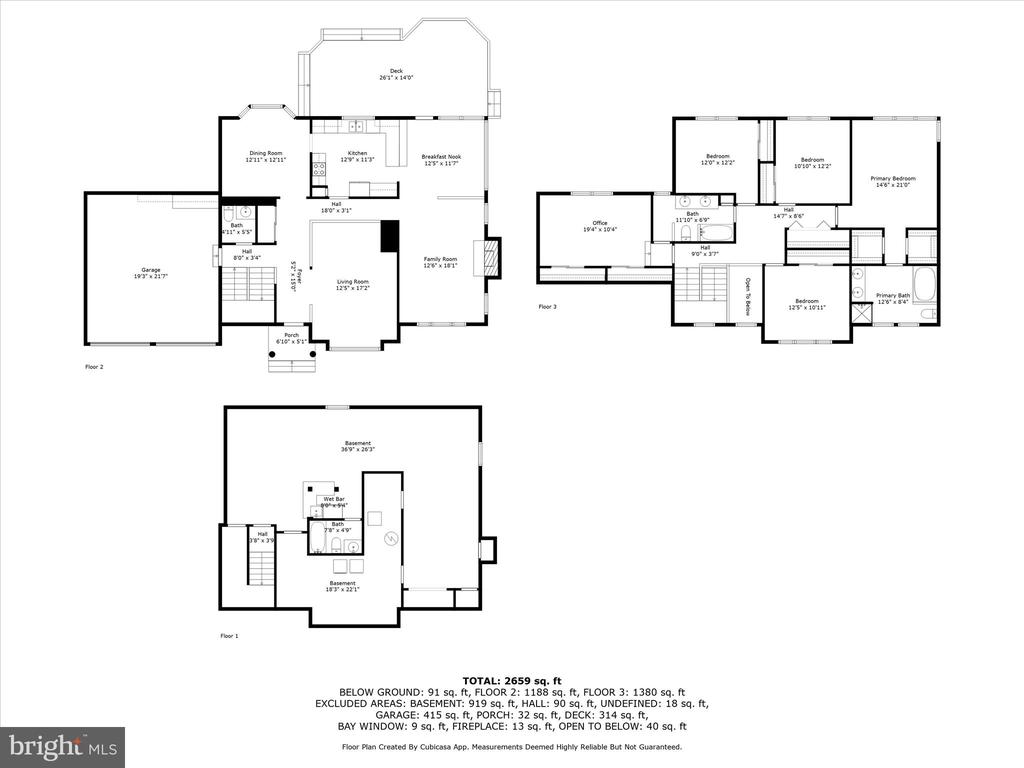 Three-level floor plan with labeled rooms and a total area of 2,659 square feet.
