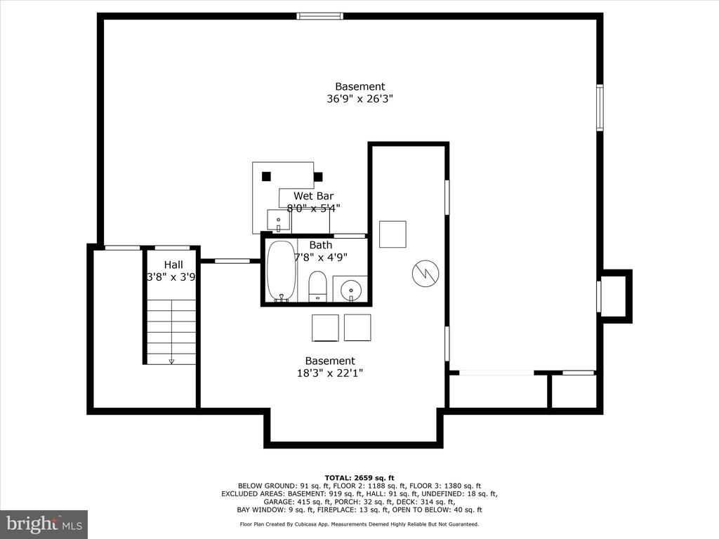 Basement floor plan with wet bar, bathroom, staircase, room dimensions, and property area summary.