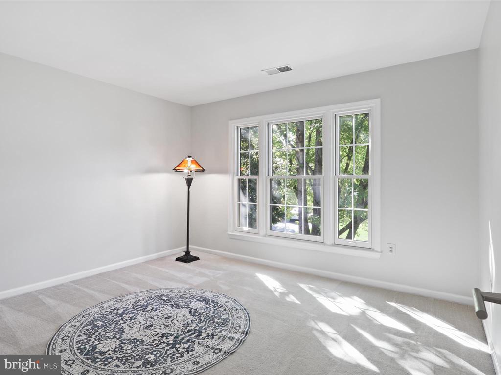 Carpeted room with a patterned rug, floor lamp, and large windows overlooking trees.