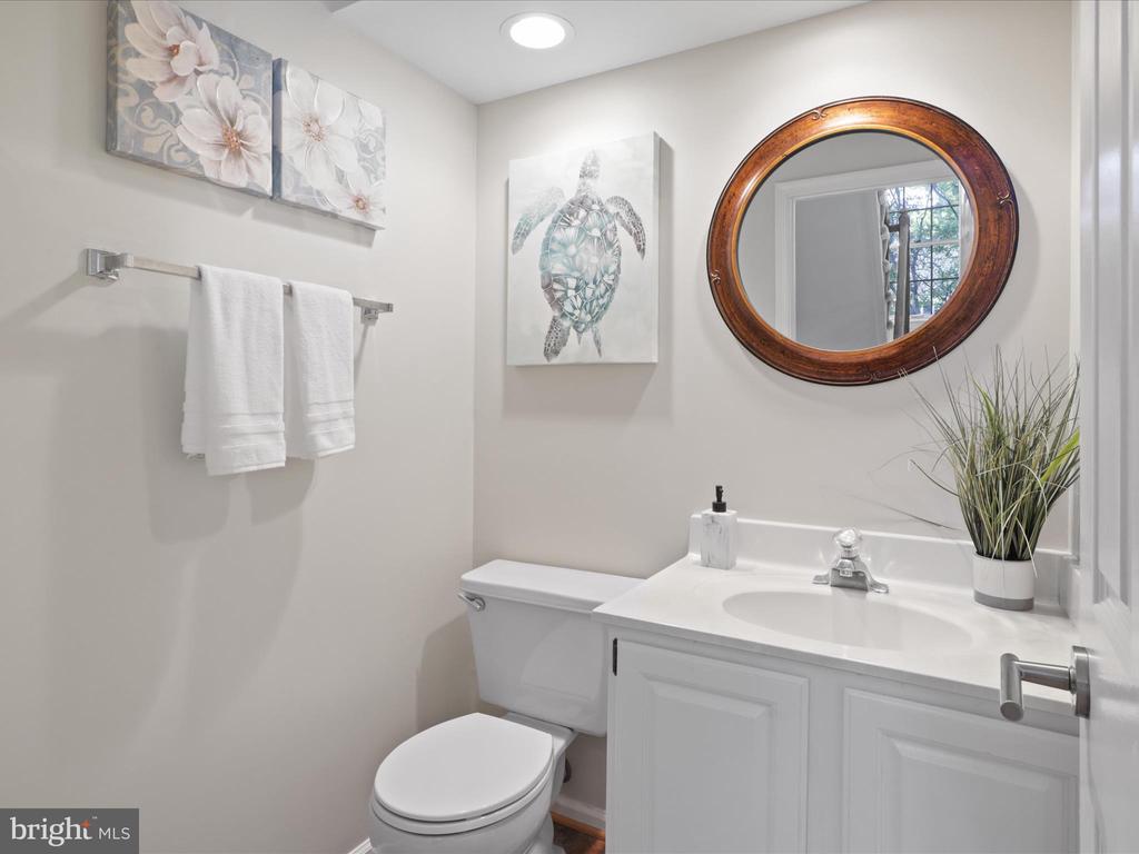 Bathroom with a white vanity and toilet, round wood-framed mirror, and turtle wall art.