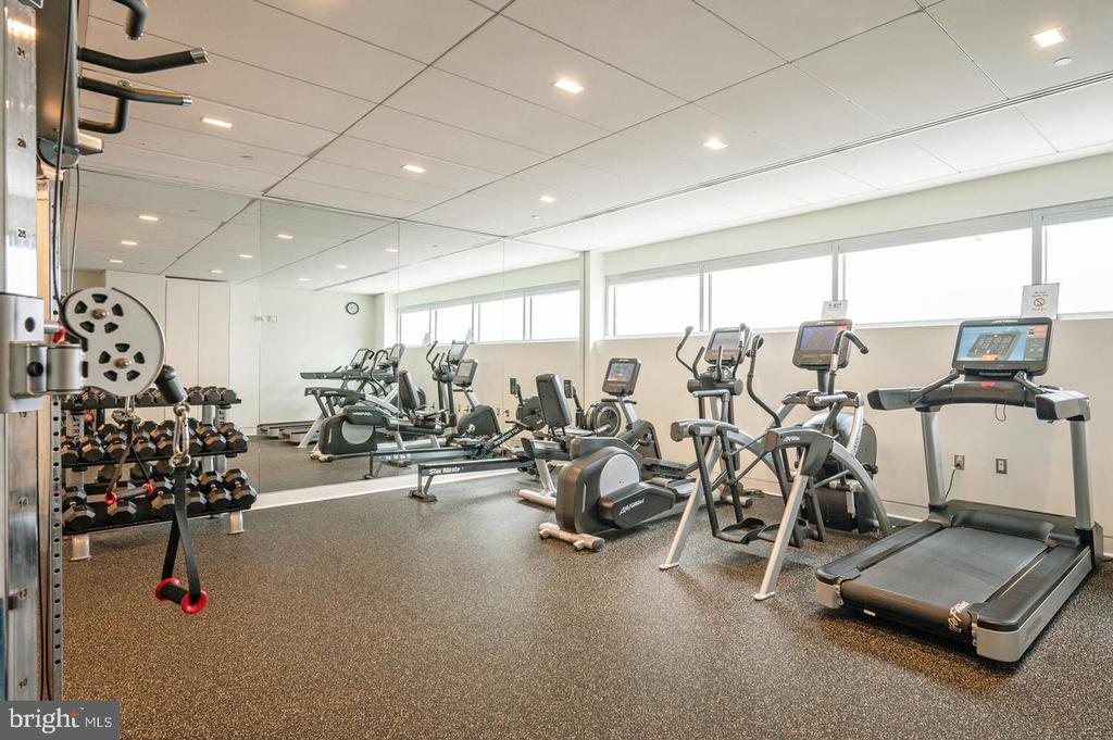 Fitness center with cardio machines, dumbbells, a mirrored wall, and large windows.