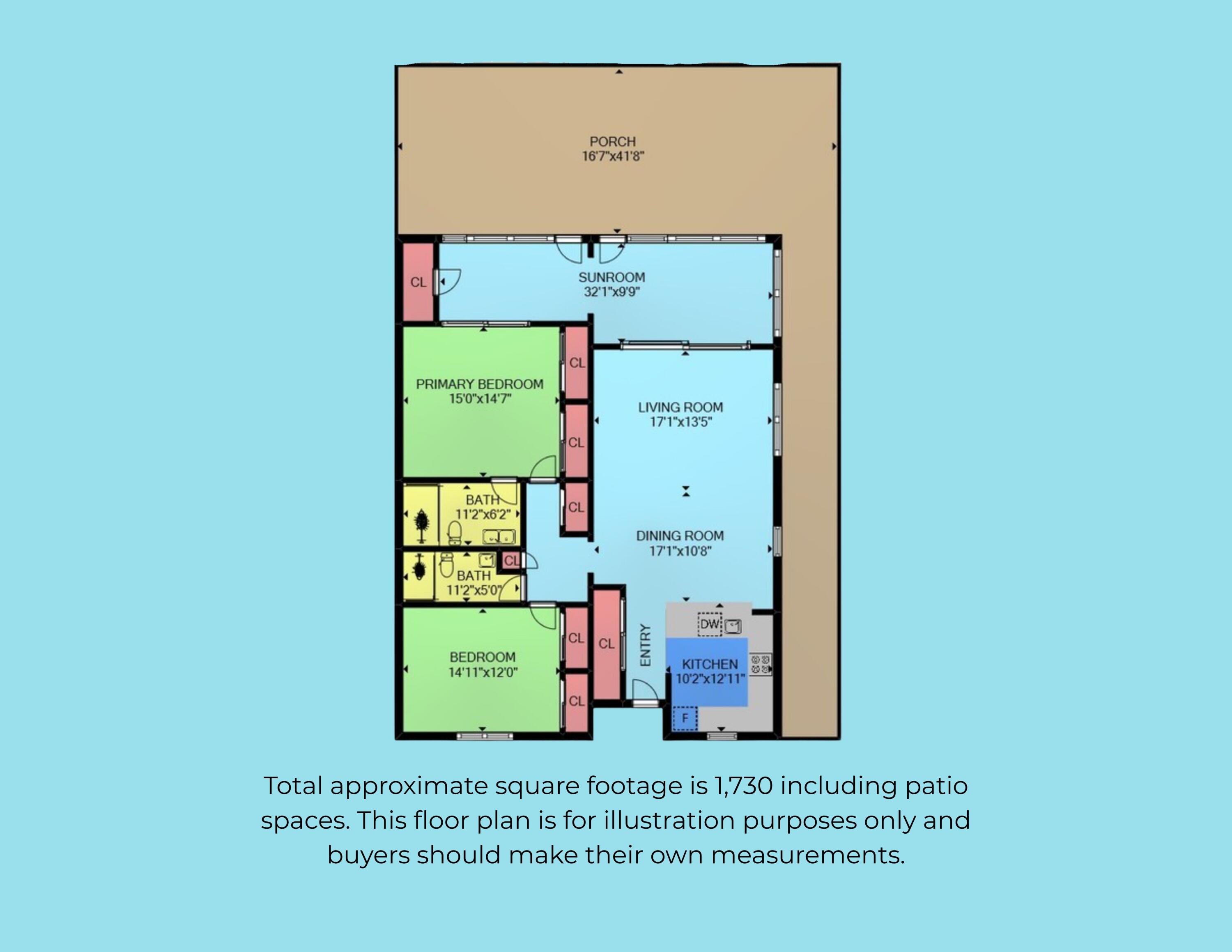Floor plan with two bedrooms, two bathrooms, living and dining rooms, kitchen, sunroom, and large porch.