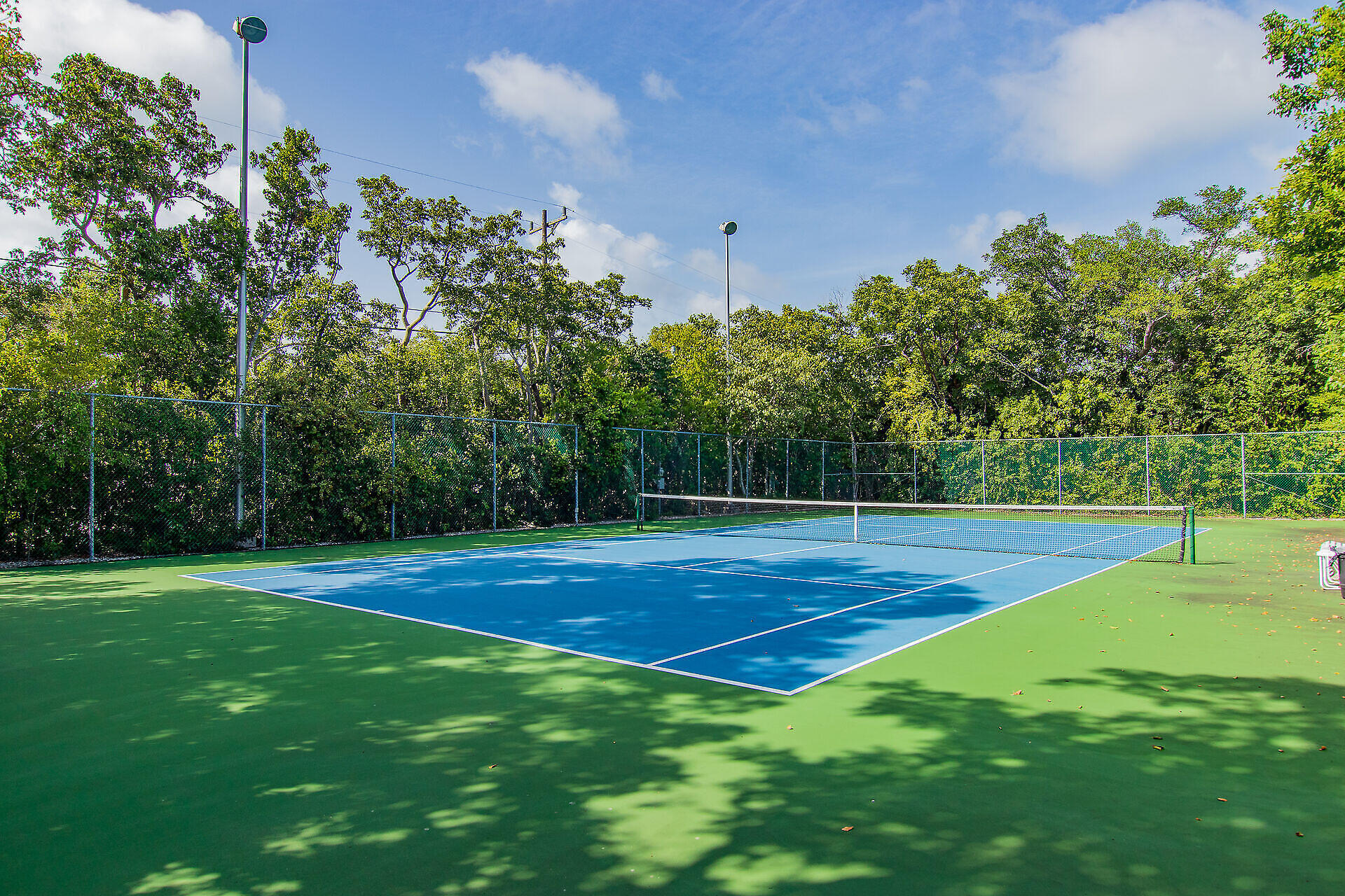 Outdoor blue tennis court with a net, green surround, chain-link fence, and trees.