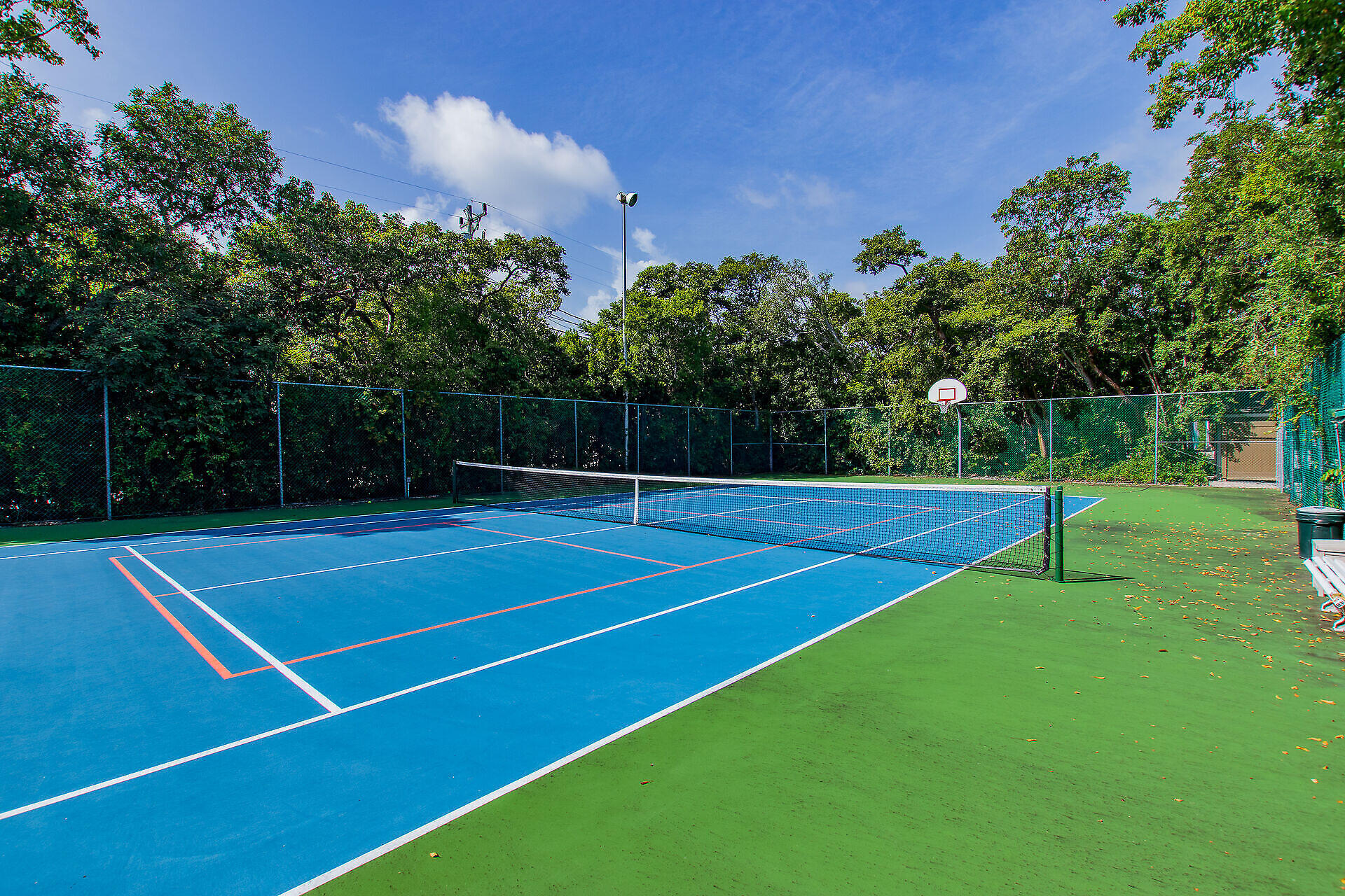 Outdoor court with a net and basketball hoop, enclosed by fencing and trees.