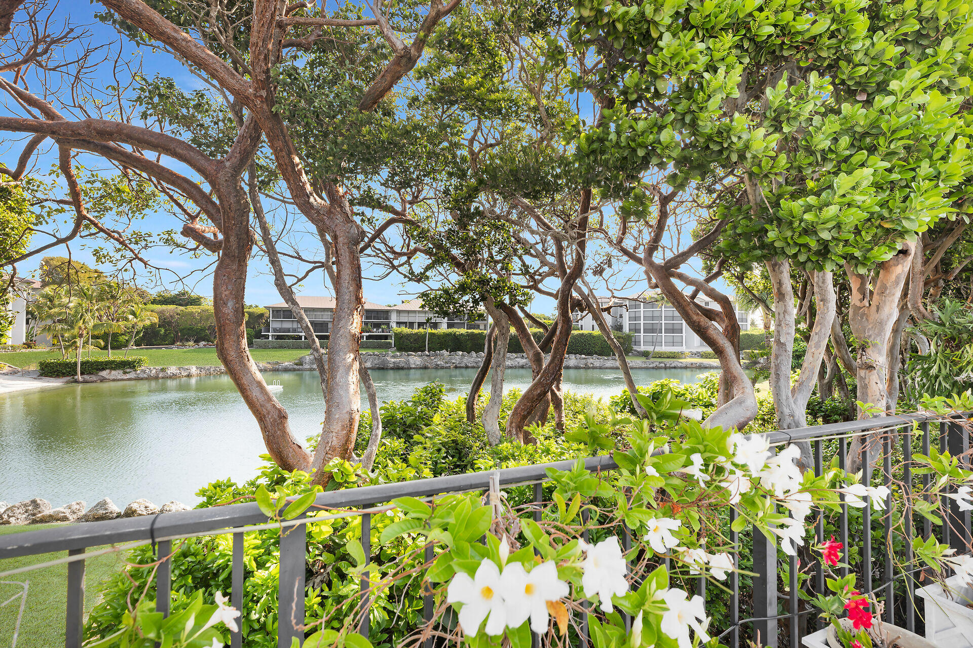 Waterfront condominium grounds framed by tropical trees and flowering vines beside a calm canal.