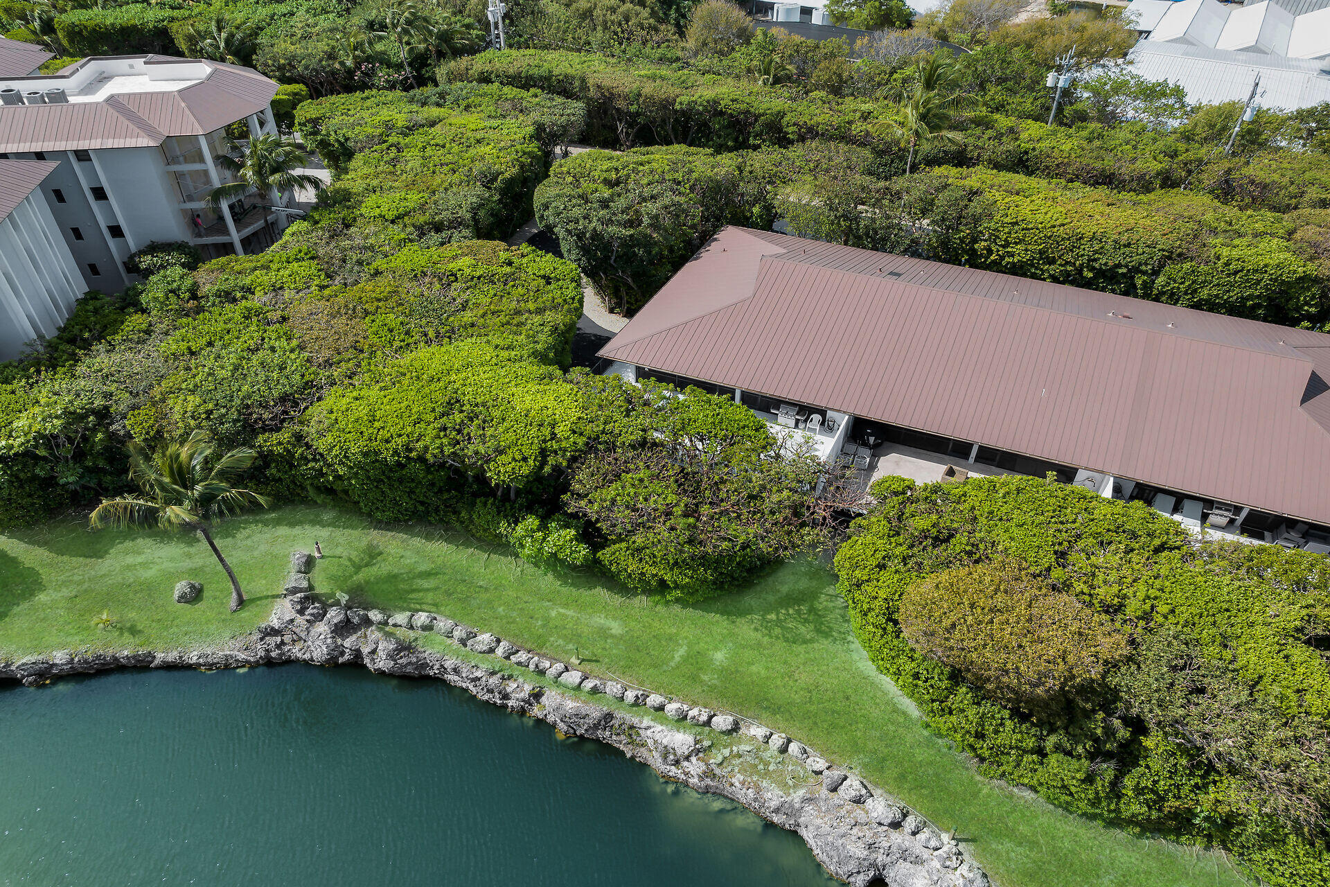 Aerial view of waterfront buildings amid tropical landscaping beside a stone-edged shoreline.
