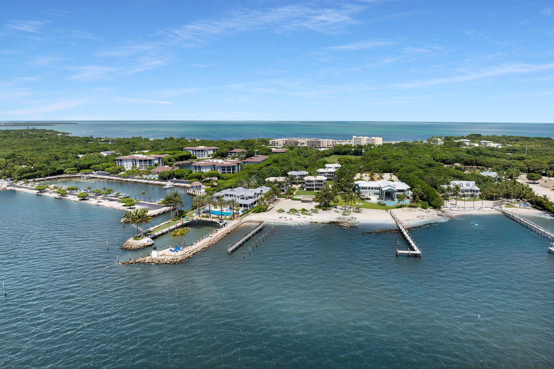 Aerial view of waterfront homes, docks, and a marina along a tropical shoreline.