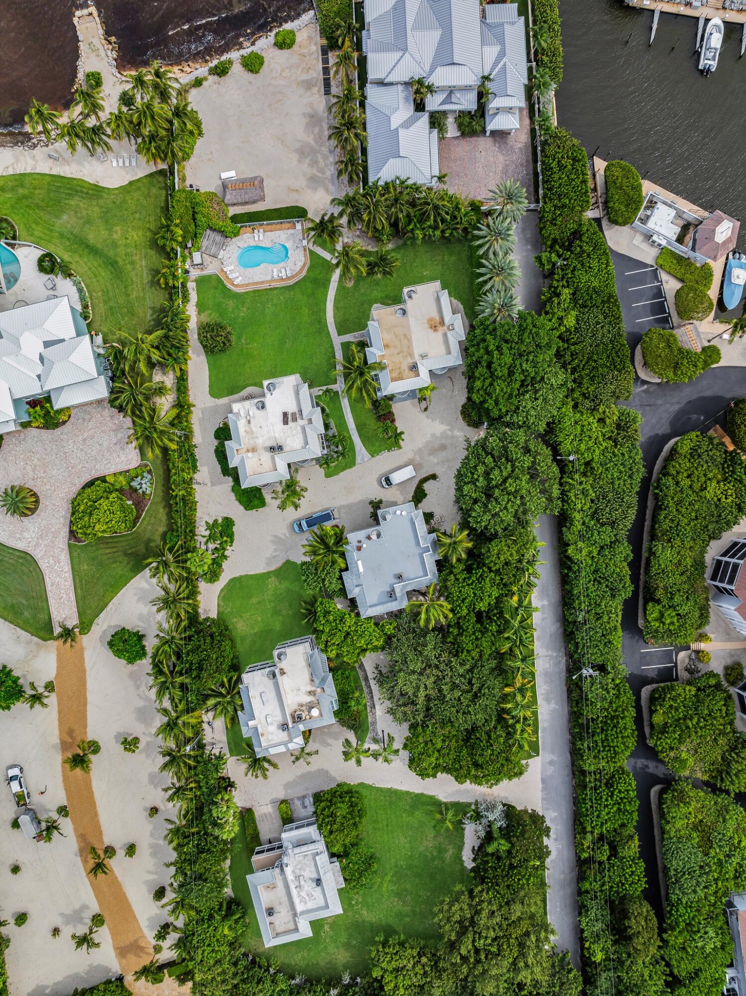 Aerial view of waterfront homes with palm-lined lawns, a pool, sandy shore, and boats.