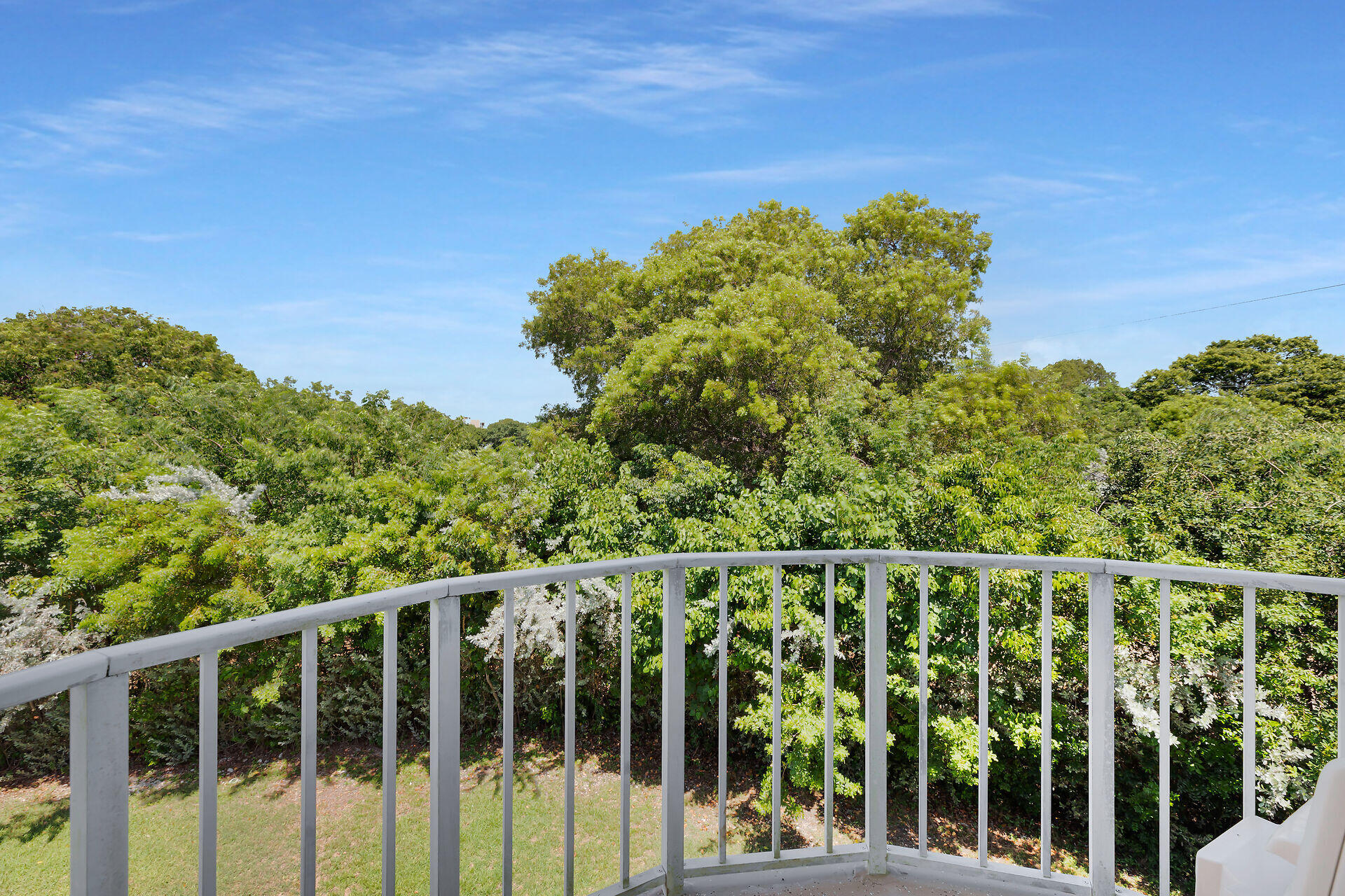 Balcony with a curved white railing overlooking dense green trees.