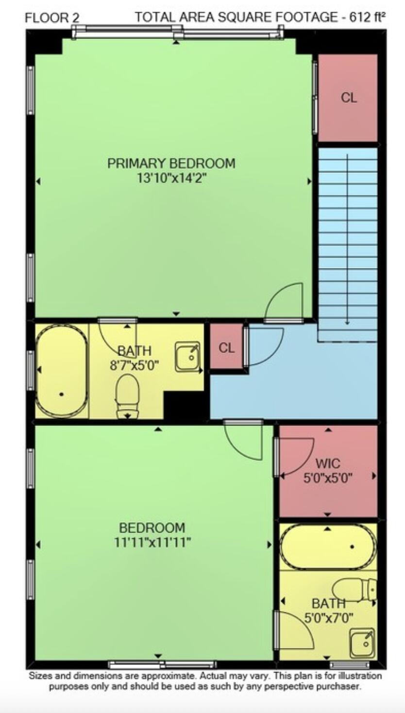 Second-floor plan with two bedrooms, two bathrooms, closets, and staircase; total area 612 square feet.