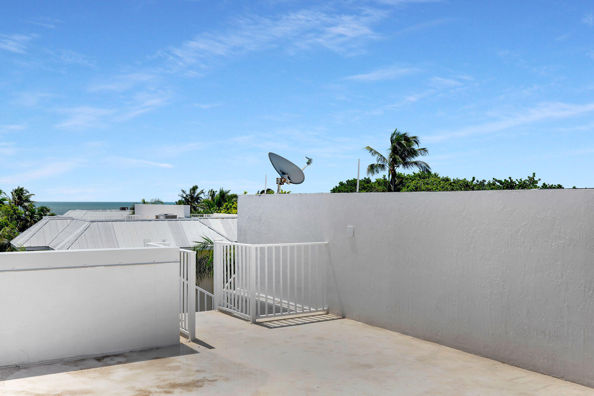 Rooftop terrace with white railings overlooking palm trees, neighboring roofs, and a glimpse of ocean.