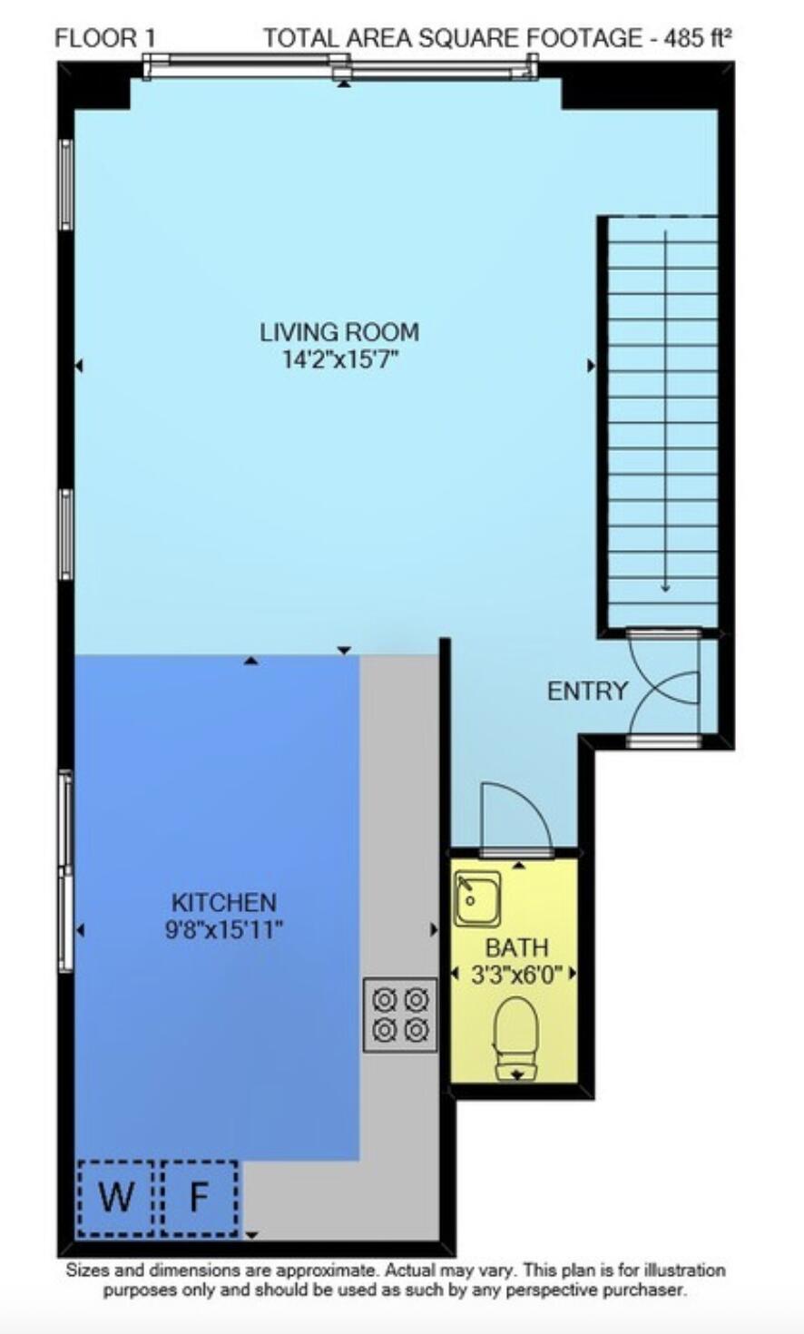 First-floor plan showing a living room, kitchen, bathroom, entry, and staircase in 485 square feet.