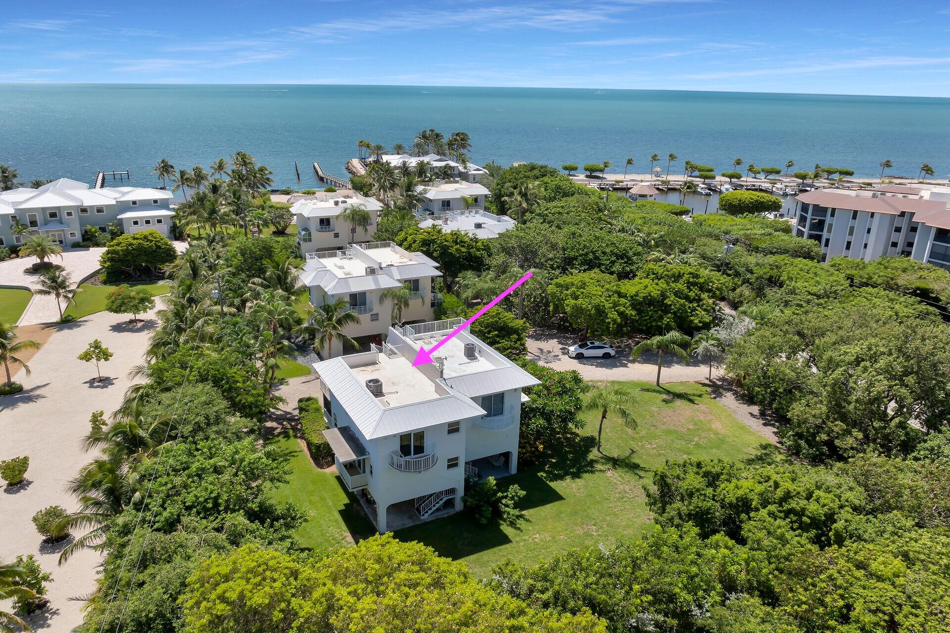 Aerial view of a coastal home marked by a pink arrow, with ocean and neighboring homes.