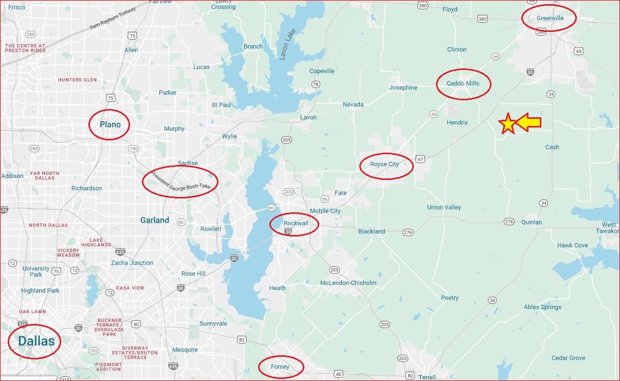 Map of northeast Dallas area with a star marking a location east of Caddo Mills.