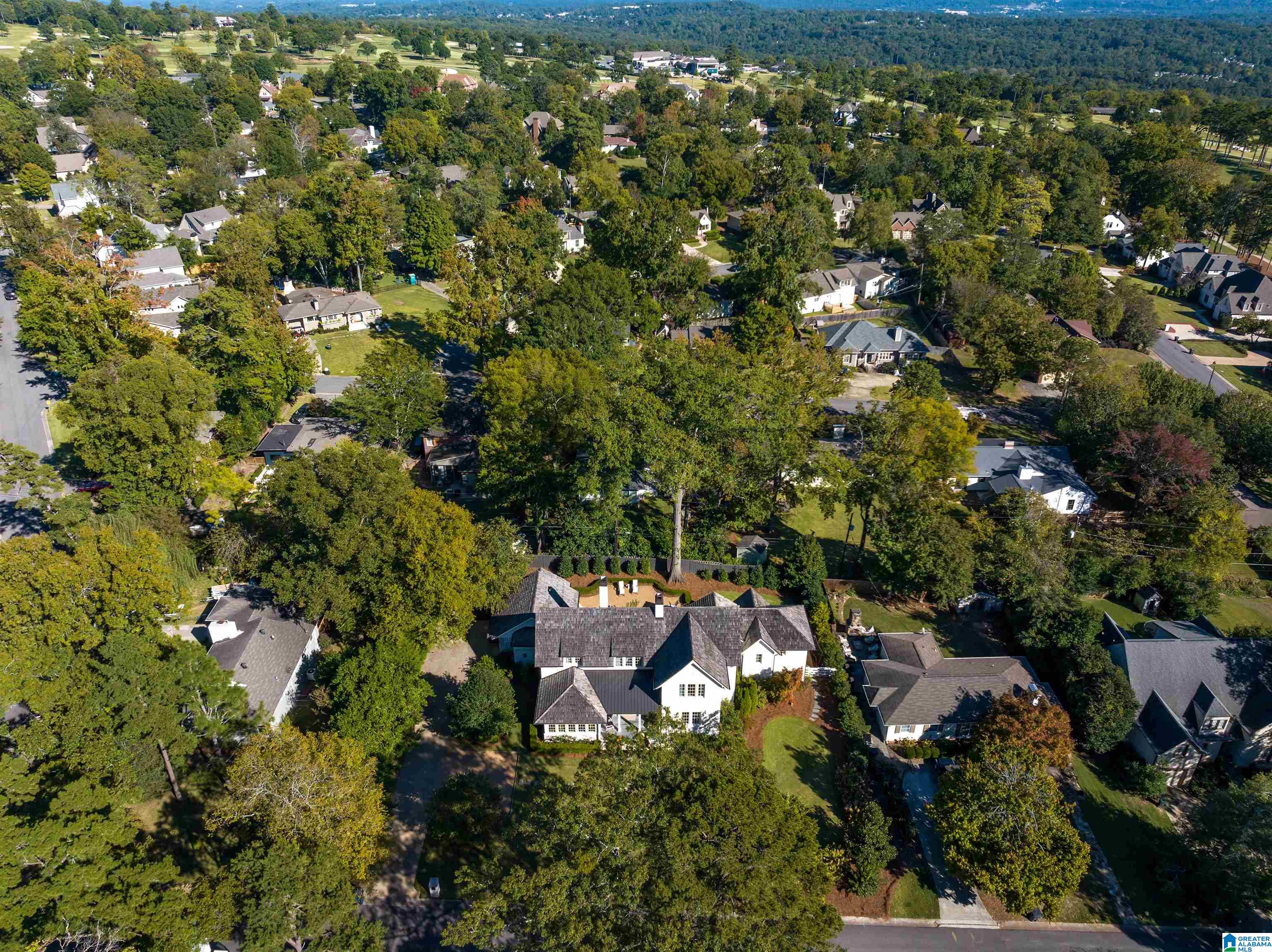 Aerial view of 407 Granada Drive amid a leafy neighborhood, showing its large roof and landscaped yard.