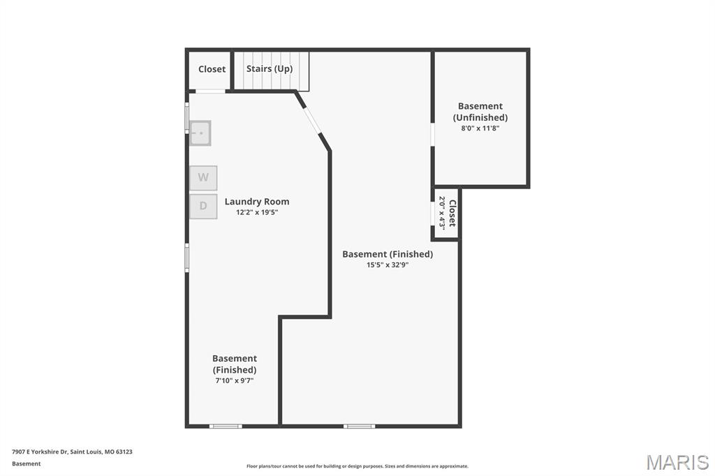Basement floor plan showing a laundry room, stairs, closets, and finished and unfinished areas.