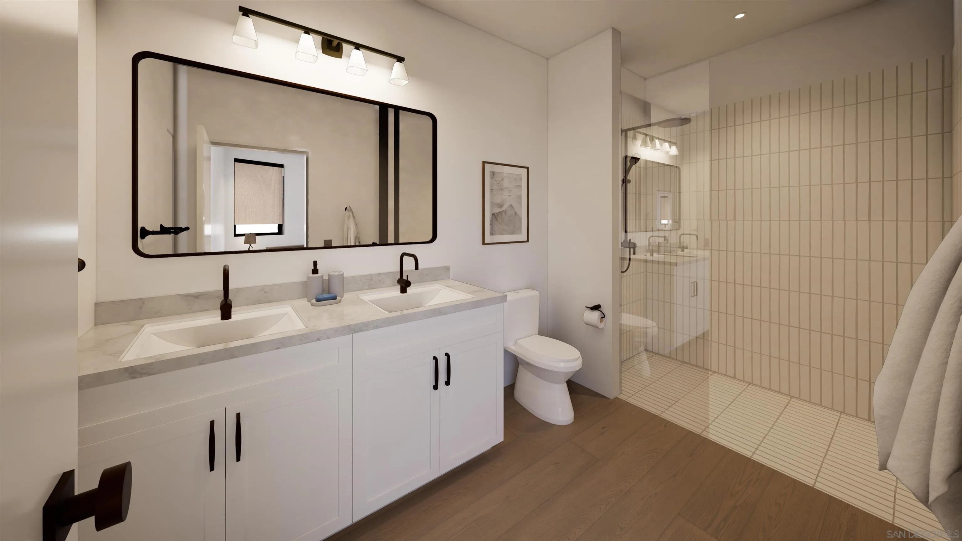 Modern bathroom with a double vanity, black fixtures, and a glass-enclosed tiled shower.