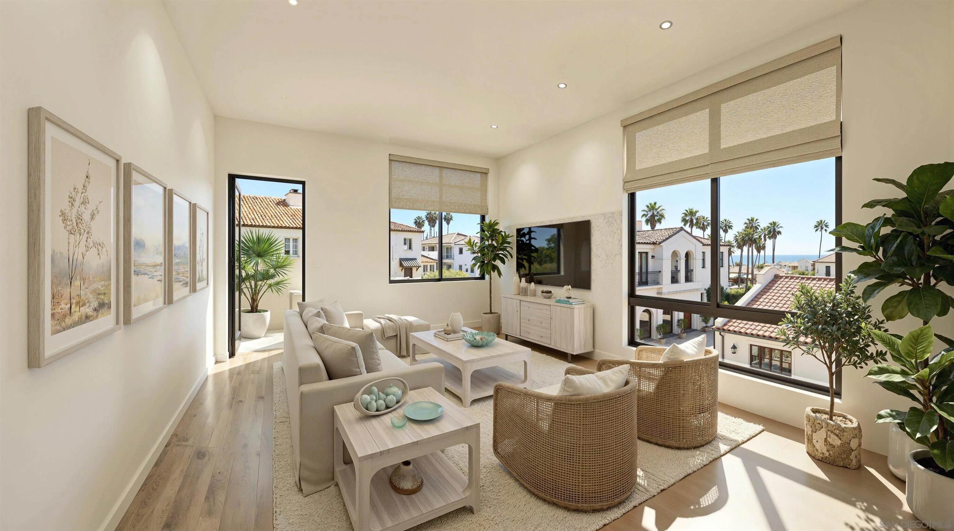 Living room with neutral seating and large windows overlooking palm trees, rooftops, and the ocean.