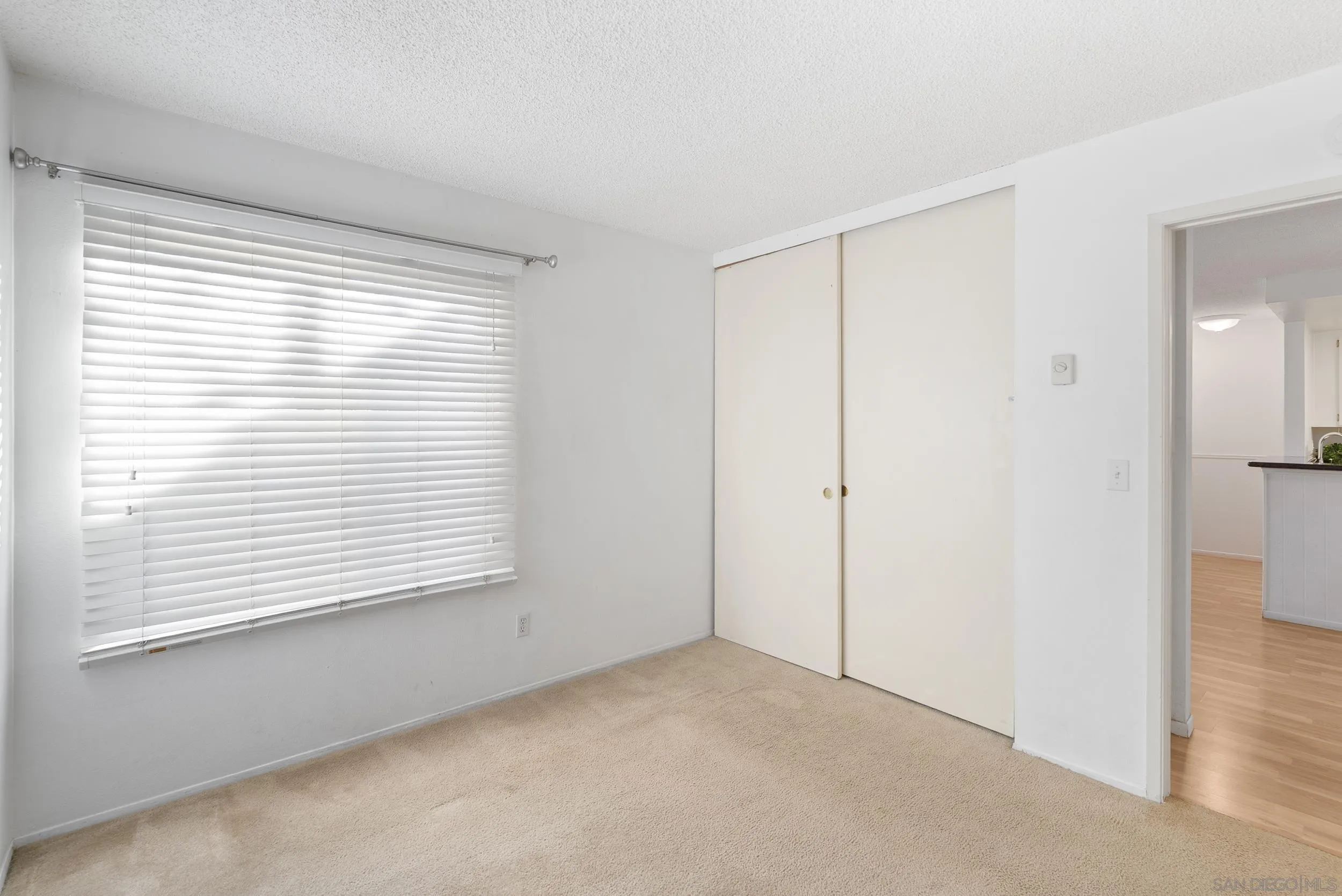Vacant carpeted bedroom with wide blinds, sliding closet doors, and an open doorway.