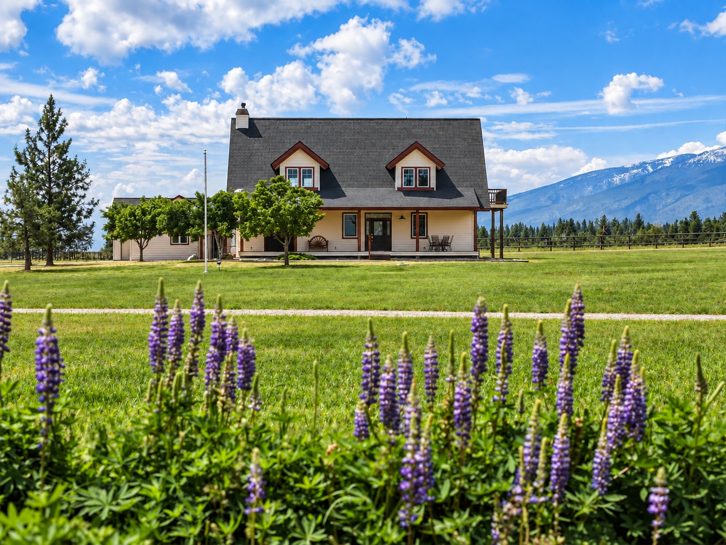Country house with a front porch, purple lupines in the foreground, and a snow-dusted mountain behind it.